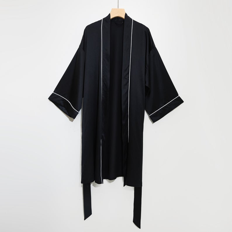 Pasithea | Black Kimono Pure Silk Robe | Knee Length with Double Belts and Pockets | 22 Momme | Float Collection