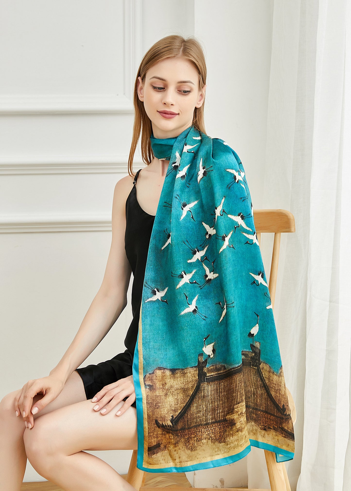 Auspicious Cranes by Zhao Ji: Mulberry Silk Long Scarf / Small Square Scarf / Ink and Colour Painting