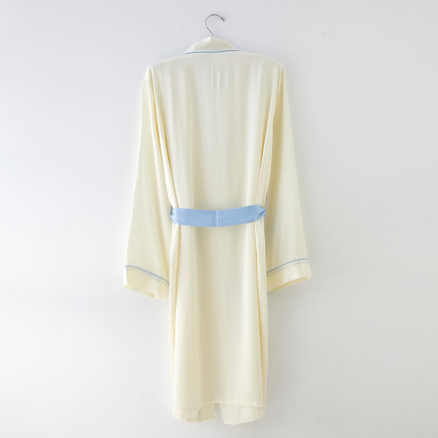 Cream Mulberry Silk Long Robe Size Small with Baby Blue Belt