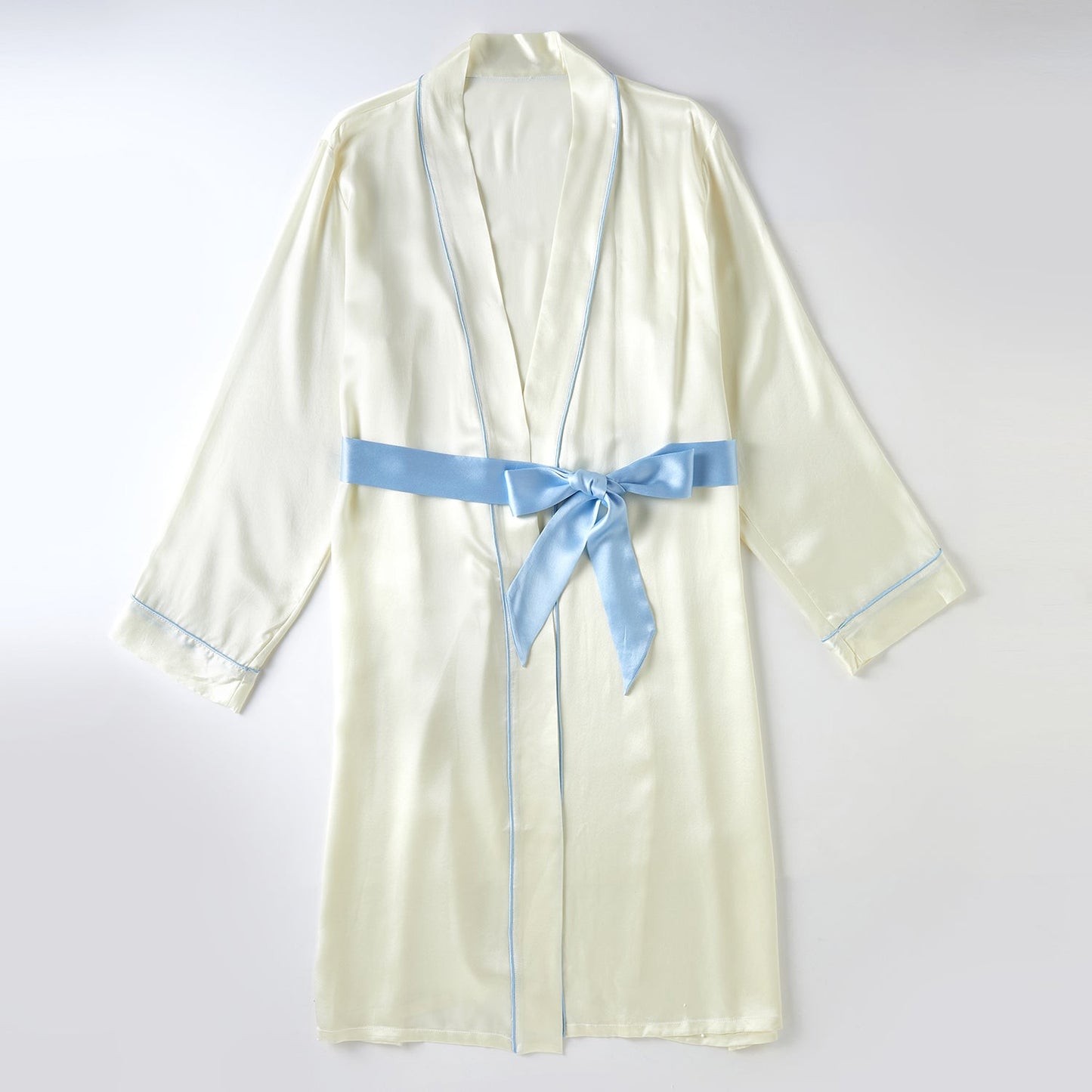 Cream Mulberry Silk Long Robe Size Small with Baby Blue Belt