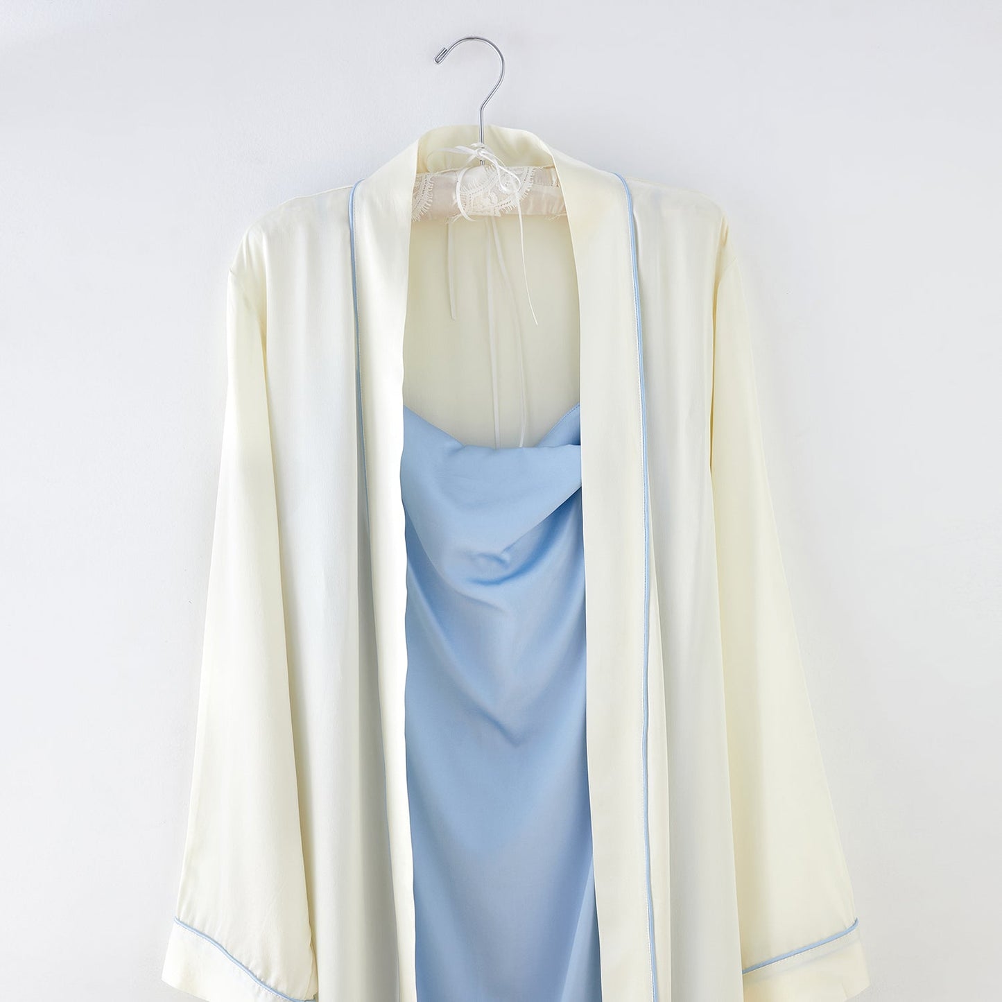 Cream Mulberry Silk Long Robe Size Small with Baby Blue Belt