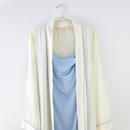 Cream Mulberry Silk Long Robe Size Small with Baby Blue Belt