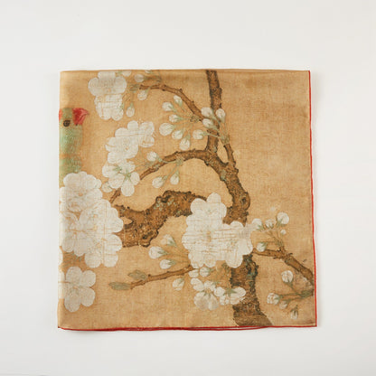 Parrot and Insect among Pear Blossoms by Huang Jucai | Ink and Colour Painting Large Square Pure Mulberry Silk Wrap | Head Scarf