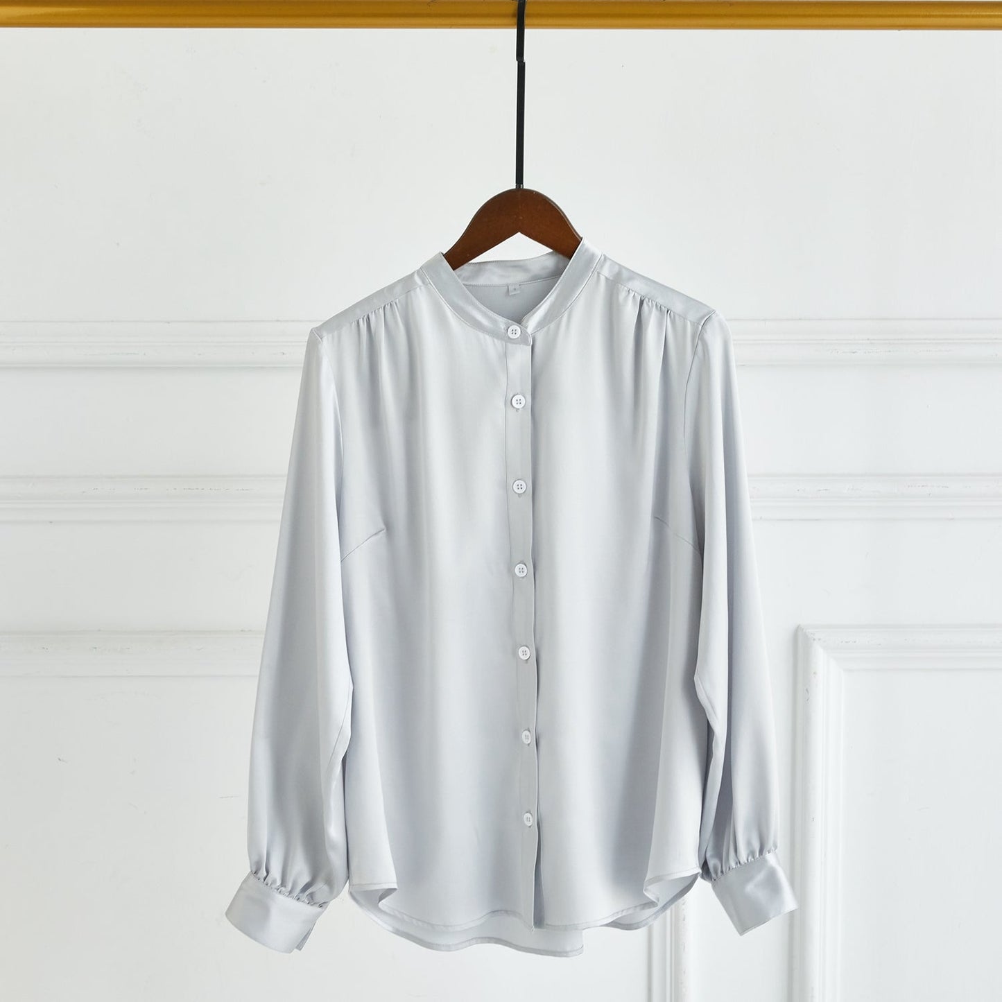 Pure Silk Long Sleeve Banded Collar Blouse | Aeverie | 22 Momme Silk Charmeuse