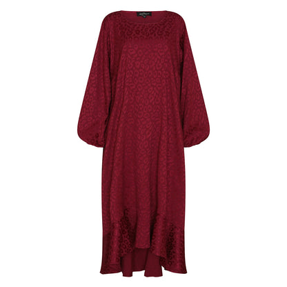 Red Burgundy Leopard Jacquard Dress with Bisphop Sleeves and  bottom flounce as a cut out from the front.