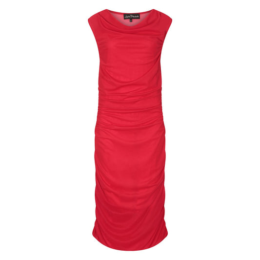 Women's Boudicca Summer Red Ruched Bodycon dress shown in a cutout image to highlight its form-fitting design and ruched detailing.