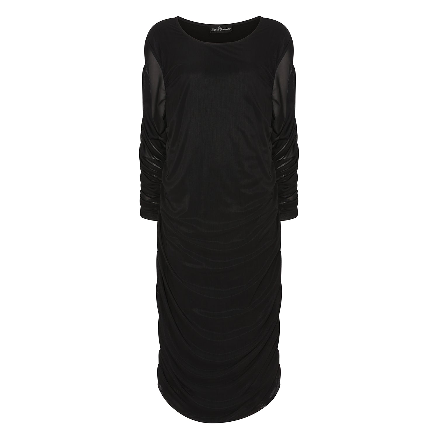 Women's Black Plus Size and Mid Size Boudicca Ruched Bodycon Midi Dress shown as a cutout.