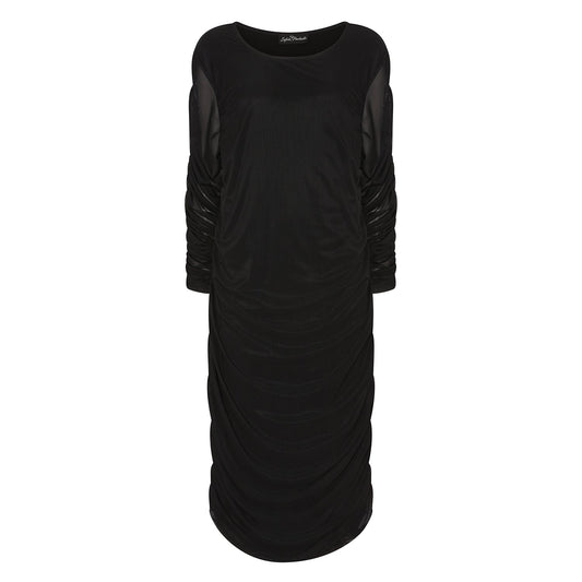 Women's Black Plus Size and Mid Size Boudicca Ruched Bodycon Midi Dress shown as a cutout.