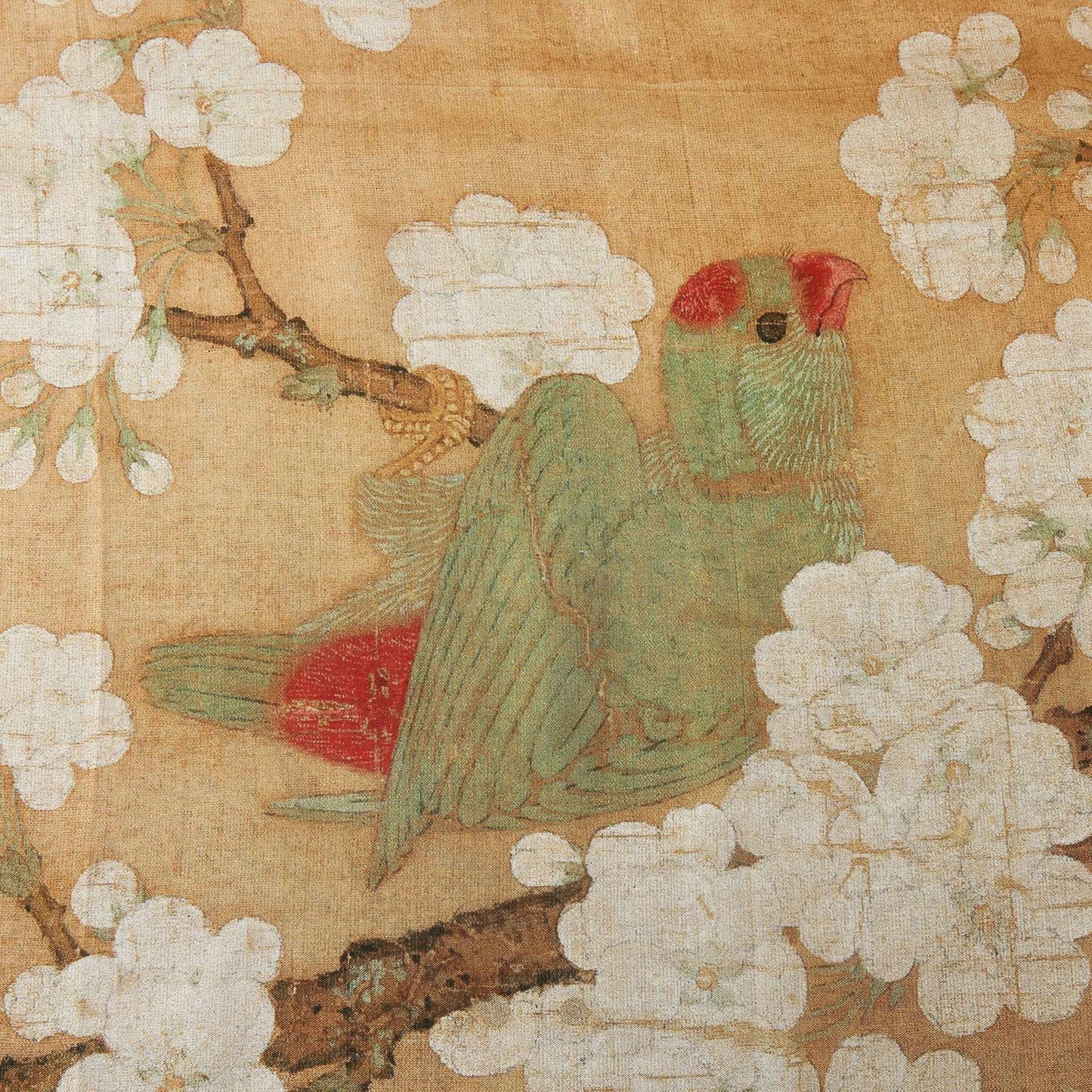 Parrot and Insect among Pear Blossoms by Huang Jucai | Ink and Colour Painting Large Square Pure Mulberry Silk Wrap | Head Scarf