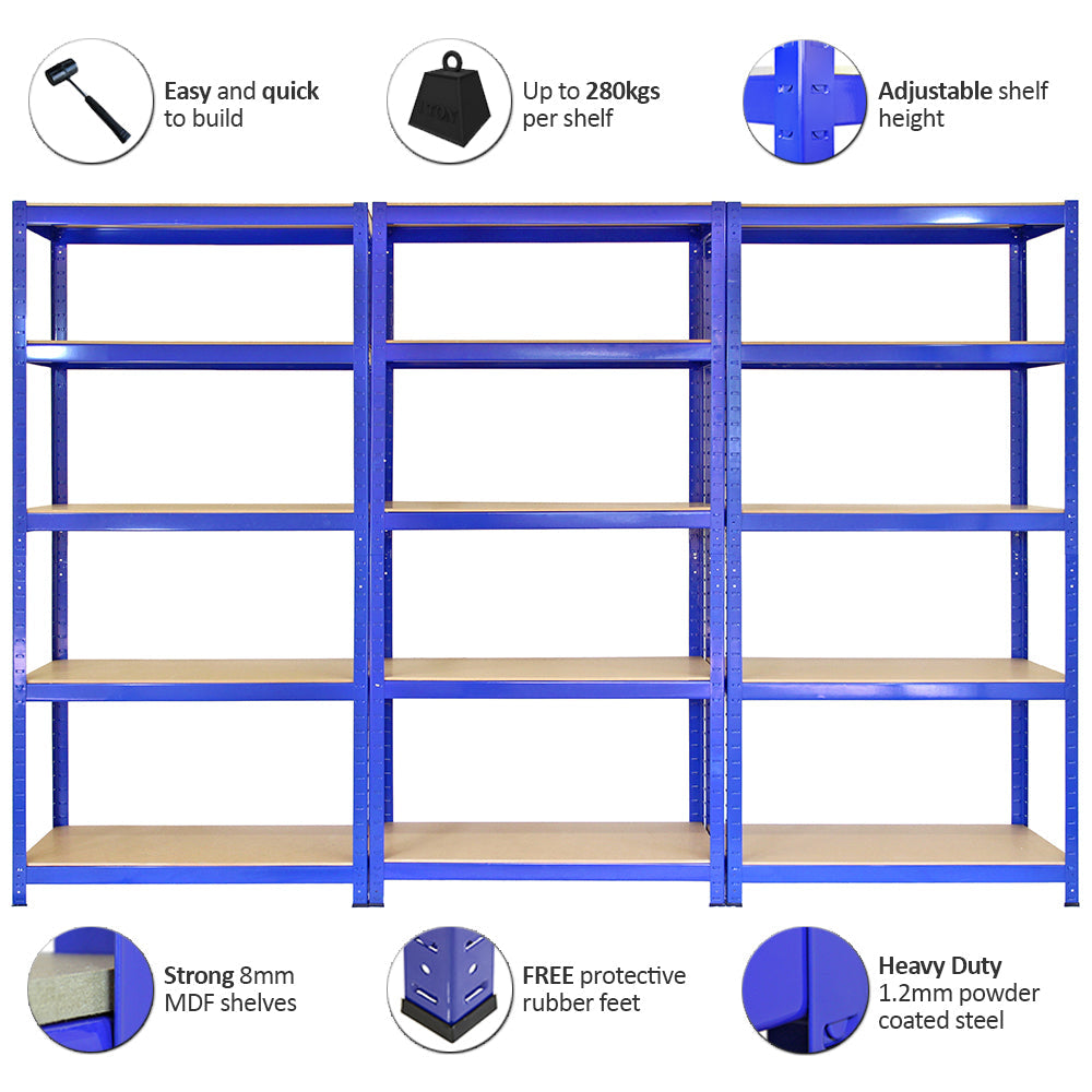 3 x Monster Racking T-Rax Metal Storage Shelves, Blue, 90cm W, 45cm D