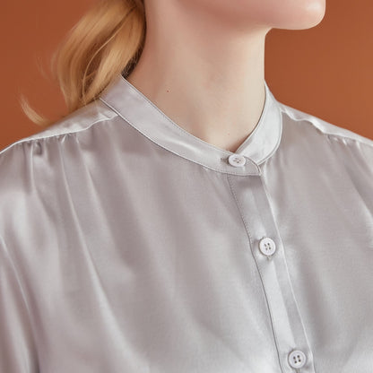 Pure Silk Long Sleeve Banded Collar Blouse | Aeverie | 22 Momme Silk Charmeuse