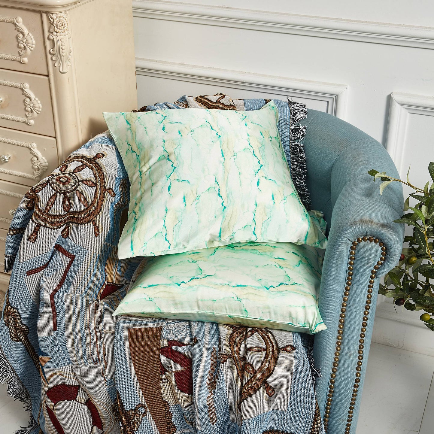 Marble Print Mint Green Mulberry Silk Cushion Cover | 19 Momme | Brush Collection | Throw Pillow Cover with Zipper