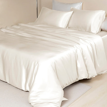 Ivory Pure Mulberry Silk Seamless Flat Sheet, Fitted Sheet and Duvet | Full, Queen, King, California King and 4-Piece Set | 22 Momme | Float Collection