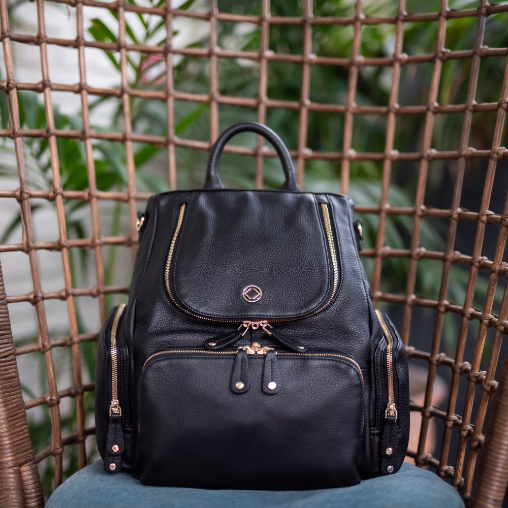 Amber-midi black leather backpack for  travel, parenting baby changing and work