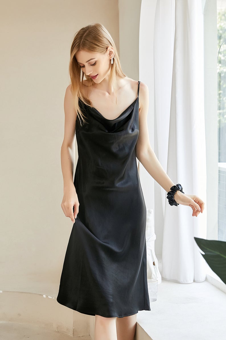 Rebirth of Venus | Black Silk Cowl Neck Slip Dress | Midi Dress with Adjustable Straps | 22 Momme | Float Collection