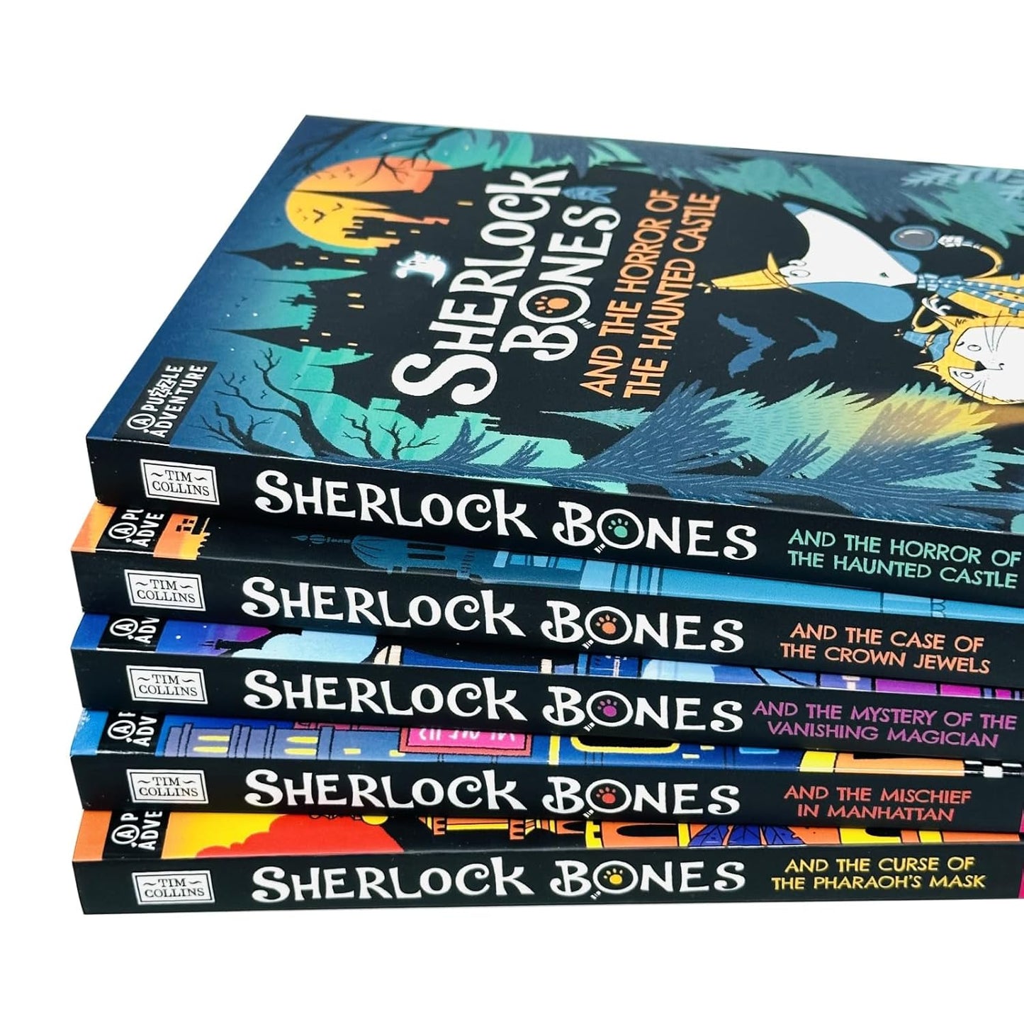 Adventures of Sherlock Bones By Tim Collins 5 Books Collection Set (Horror of the Haunted Castle, Mischief in Manhattan, Curse of the Pharaoh's Mask, Mystery of the Vanishing Magician and 1 More)