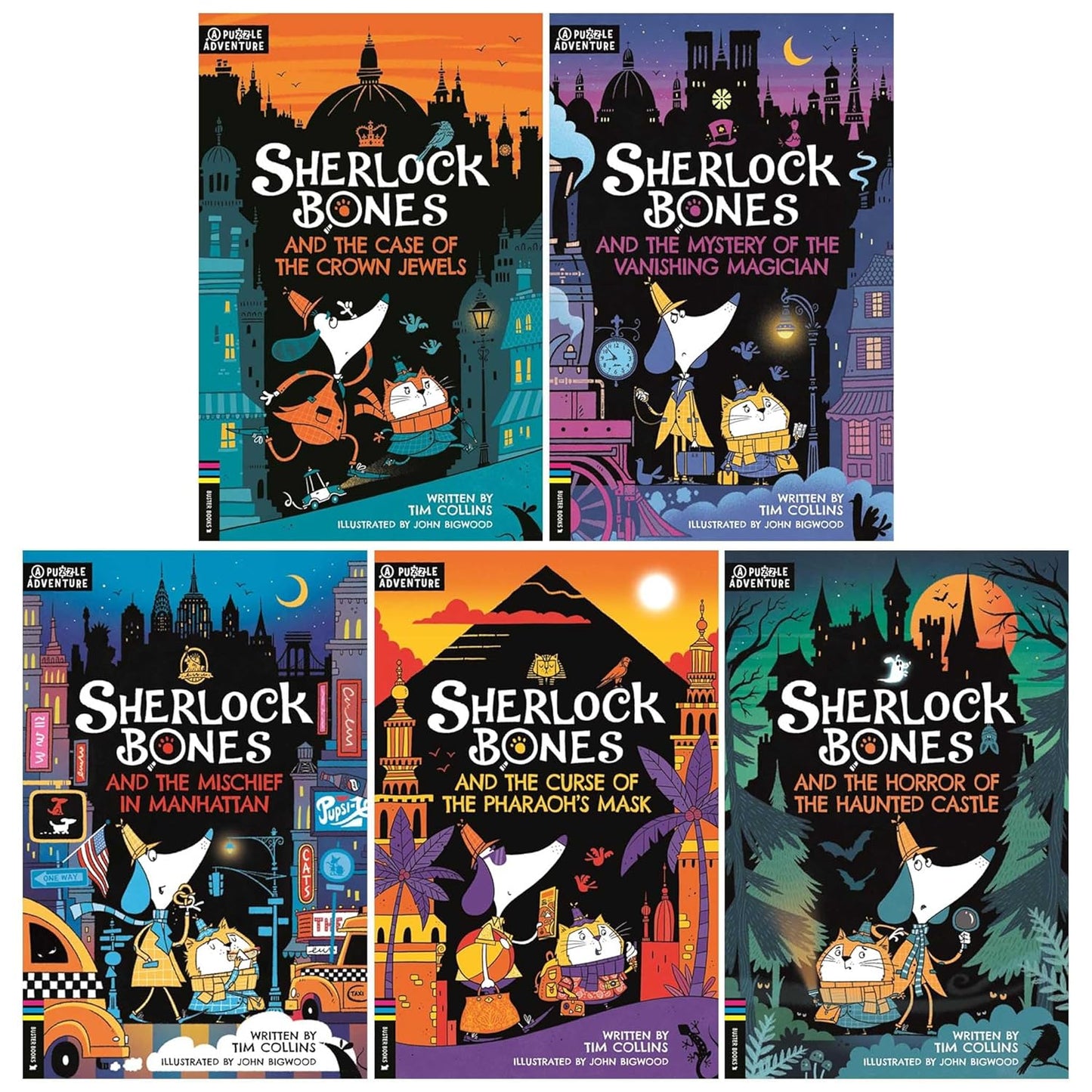 Adventures of Sherlock Bones By Tim Collins 5 Books Collection Set (Horror of the Haunted Castle, Mischief in Manhattan, Curse of the Pharaoh's Mask, Mystery of the Vanishing Magician and 1 More)