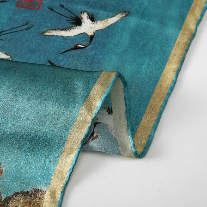 Auspicious Cranes by Zhao Ji: Mulberry Silk Long Scarf / Small Square Scarf / Ink and Colour Painting