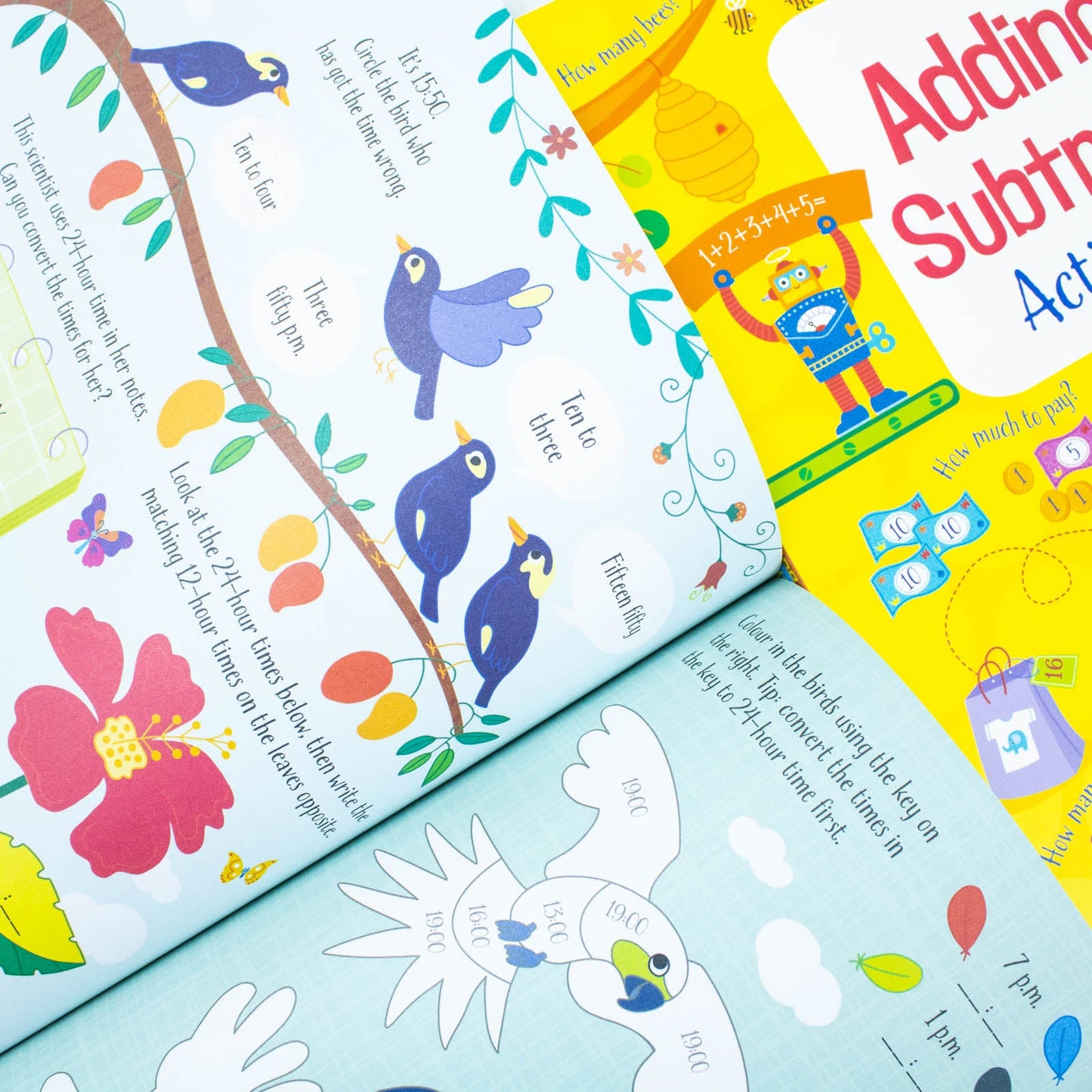 Children Usborne Educational Workbooks 4 Books Set (Addition & Subtraction, Times Tables, Telling the Time, Multiplying Dividing)