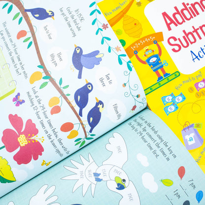 Children Usborne Educational Workbooks 4 Books Set (Addition & Subtraction, Times Tables, Telling the Time, Multiplying Dividing)