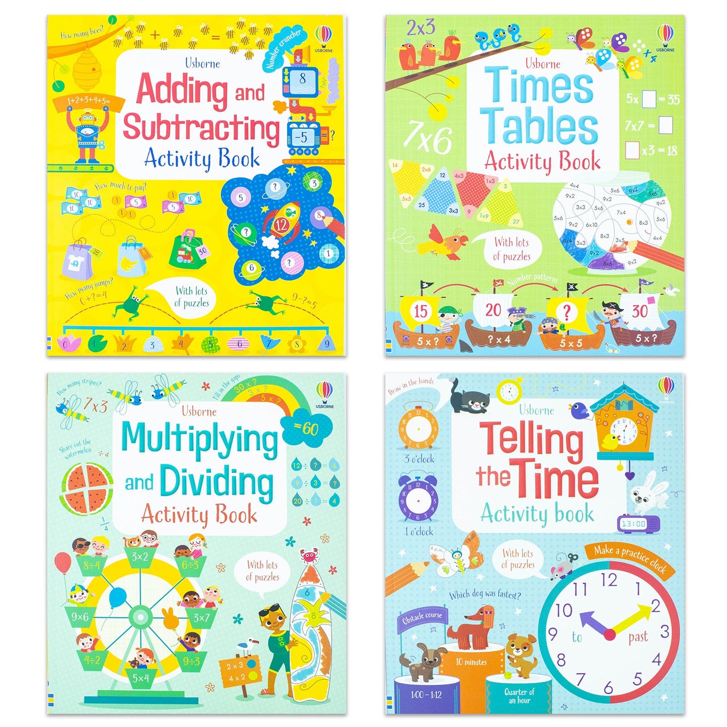 Children Usborne Educational Workbooks 4 Books Set (Addition & Subtraction, Times Tables, Telling the Time, Multiplying Dividing)