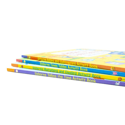 Children Usborne Educational Workbooks 4 Books Set (Addition & Subtraction, Times Tables, Telling the Time, Multiplying Dividing)