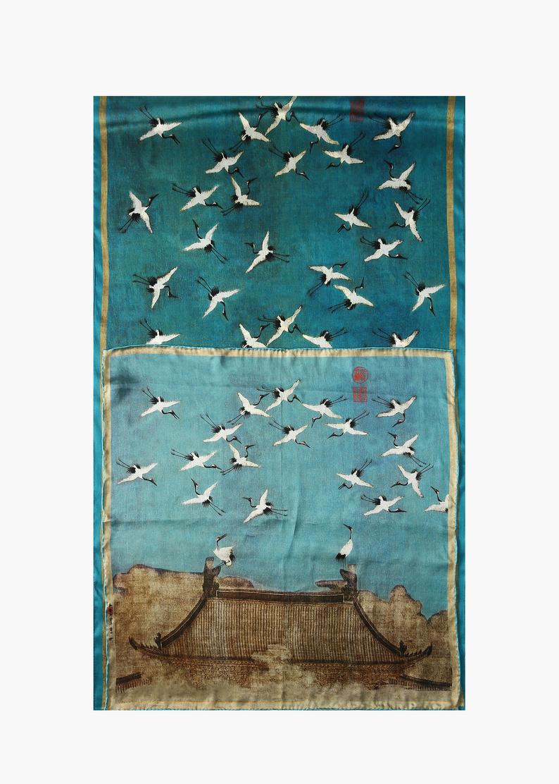 Auspicious Cranes by Zhao Ji: Mulberry Silk Long Scarf / Small Square Scarf / Ink and Colour Painting