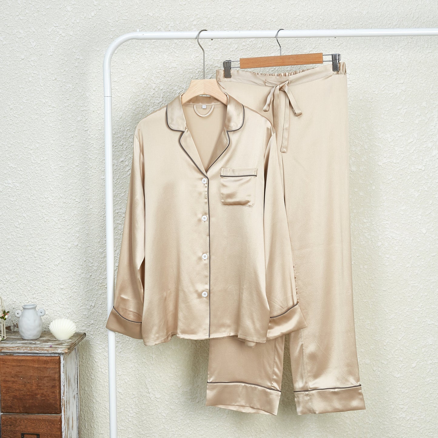 Beige Pure Silk Unisex Long Sleeve Pajama Set