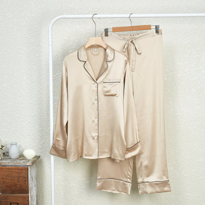 Beige Pure Silk Unisex Long Sleeve Pajama Set