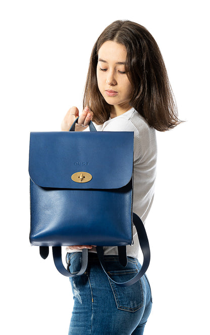 Leather Backpack in Cuoio Blue Artist Collection