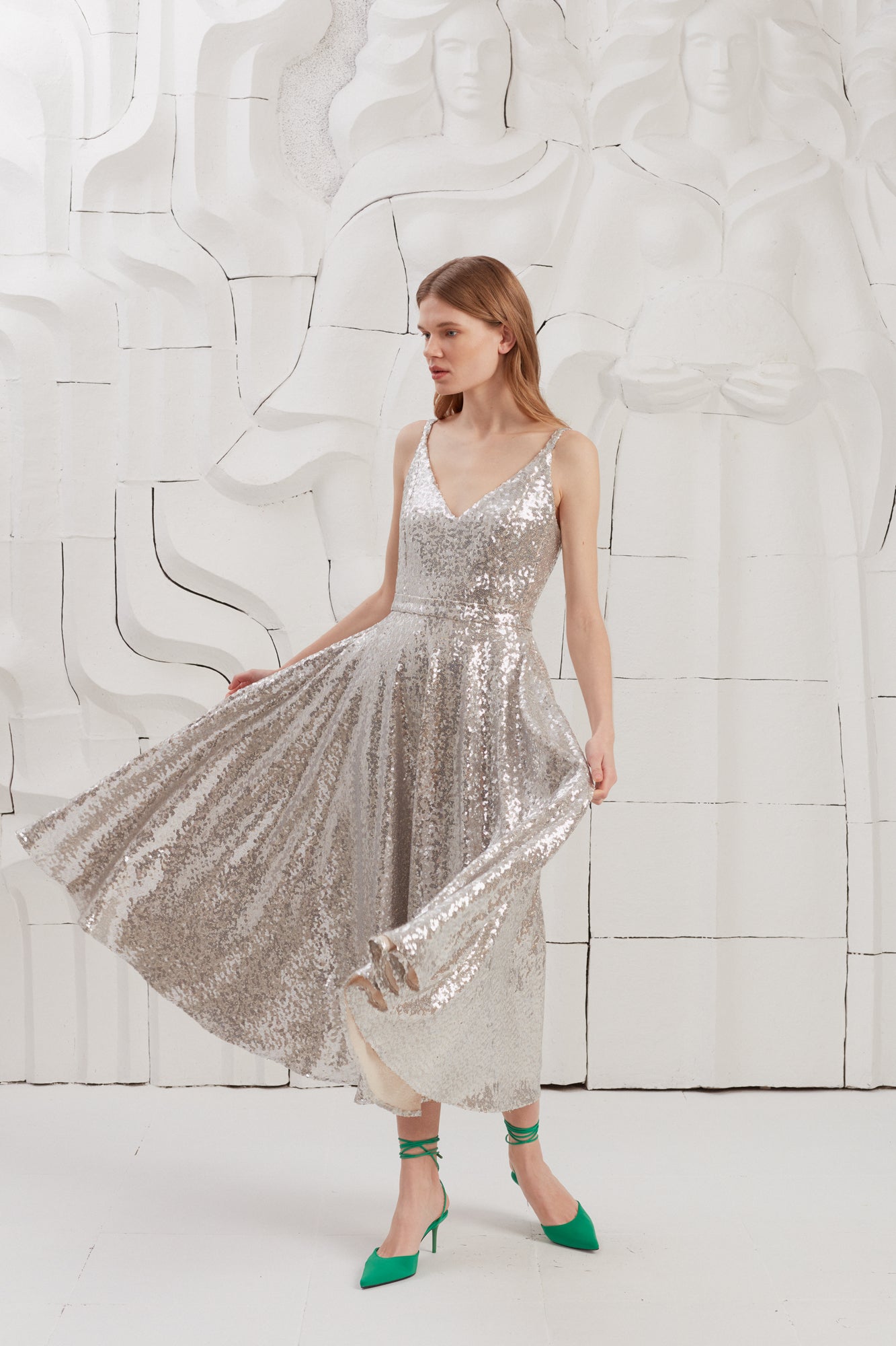 ADINA Silver Sequin Open Back Midi Dress With Circle Skirt