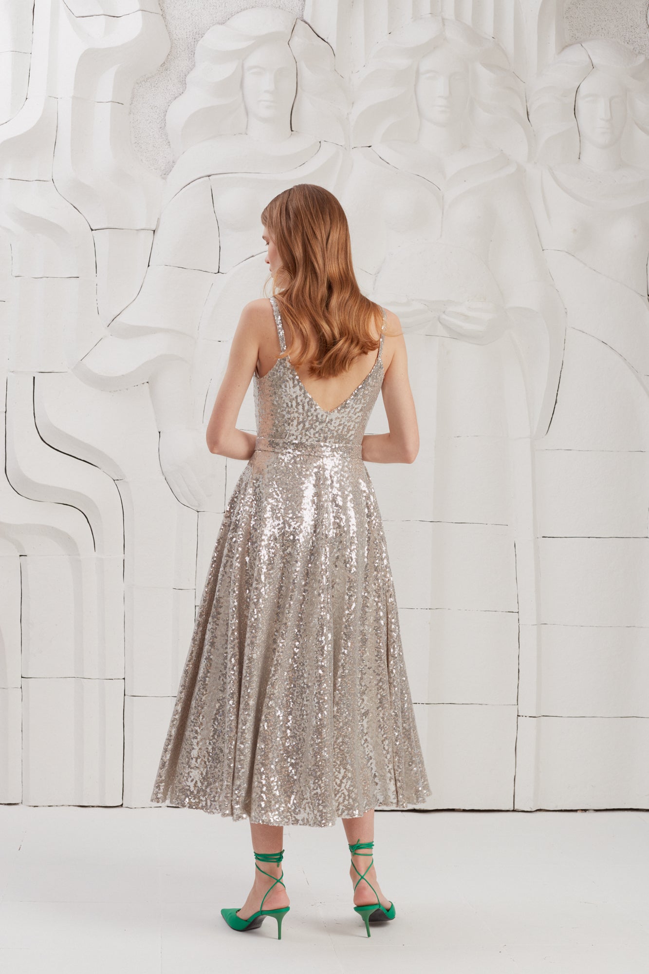 ADINA Silver Sequin Open Back Midi Dress With Circle Skirt