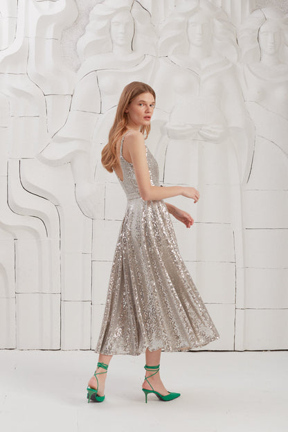 ADINA Silver Sequin Open Back Midi Dress With Circle Skirt