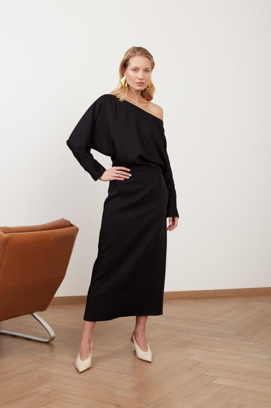 AGALIA black work to evening off-the-shoulder midi dress