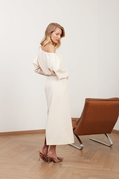 AGALIA cream off-the-shoulder midi dress