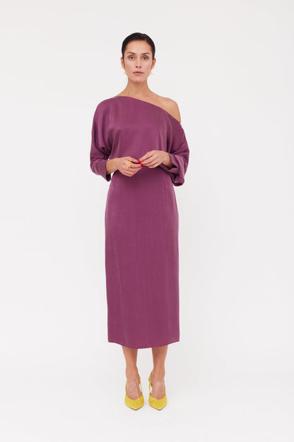 AGALIA purple work to evening off-the-shoulder cupro dress