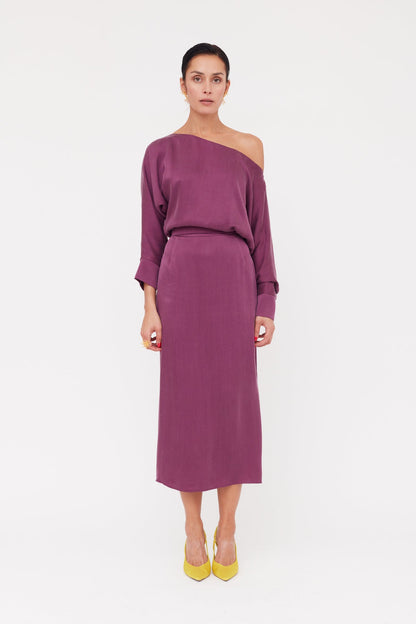 AGALIA purple work to evening off-the-shoulder cupro dress