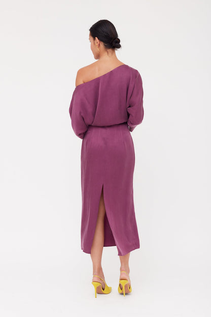 AGALIA purple work to evening off-the-shoulder cupro dress