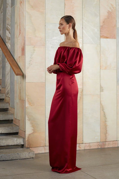 Red off shoulder long evening dress