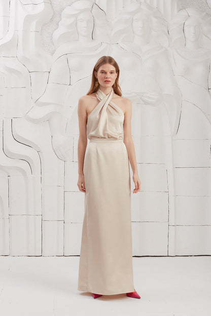 ALIUR Champagne Satin X Neckline Evening Maxi Dress