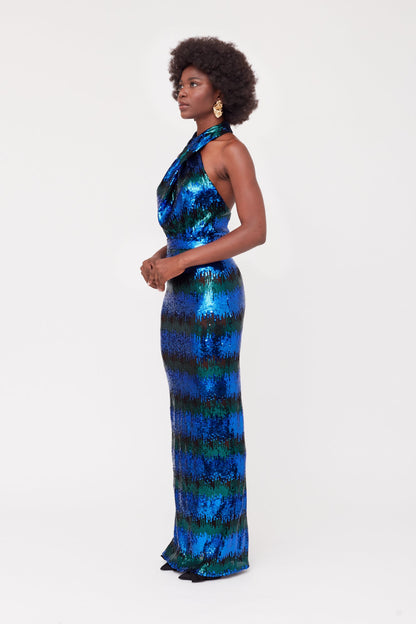 ALTA Blue & Green Sequin Long Evening Dress