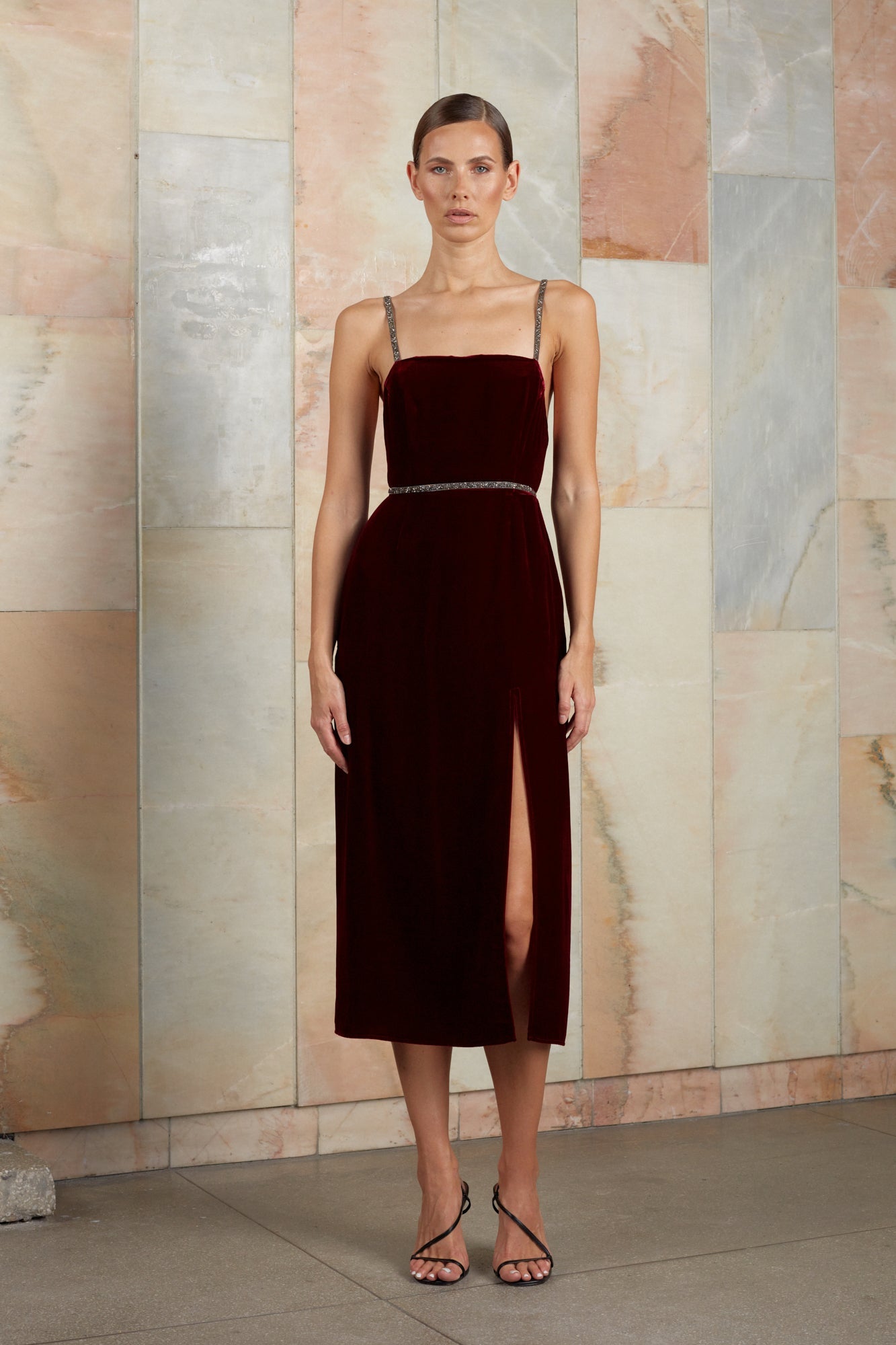 Red wine colour Silk Velvet Midi Dress AMYA