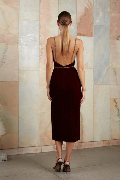 Red Silk Velvet open back Midi Dress AMYA