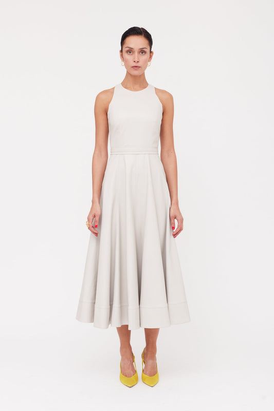 AVALON light grey faux leather midi cocktail dress