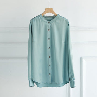 Custom Pure Silk Long Sleeve Banded Collar Blouse | Aeverie | 22 Momme Silk Charmeuse