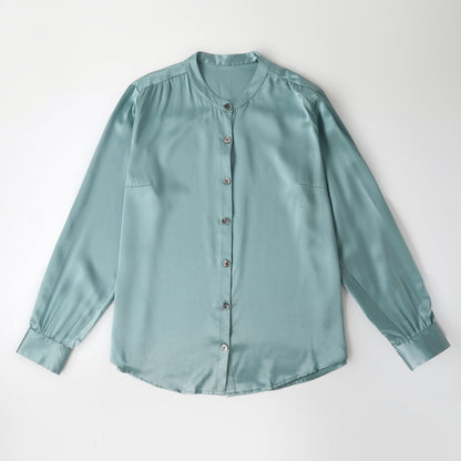 Custom Pure Silk Long Sleeve Banded Collar Blouse | Aeverie | 22 Momme Silk Charmeuse