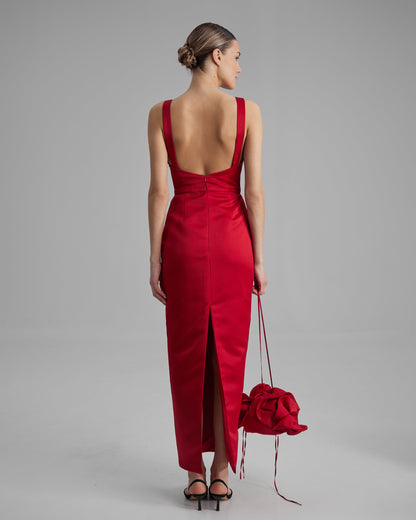 AVA DRESS | V neck pencil maxi in red