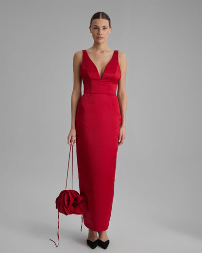 AVA DRESS | V neck pencil maxi in red