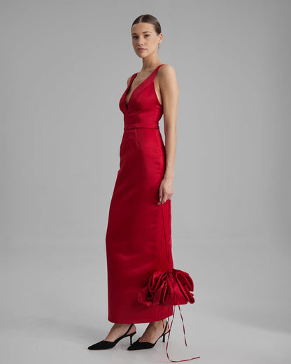 AVA DRESS | V neck pencil maxi in red