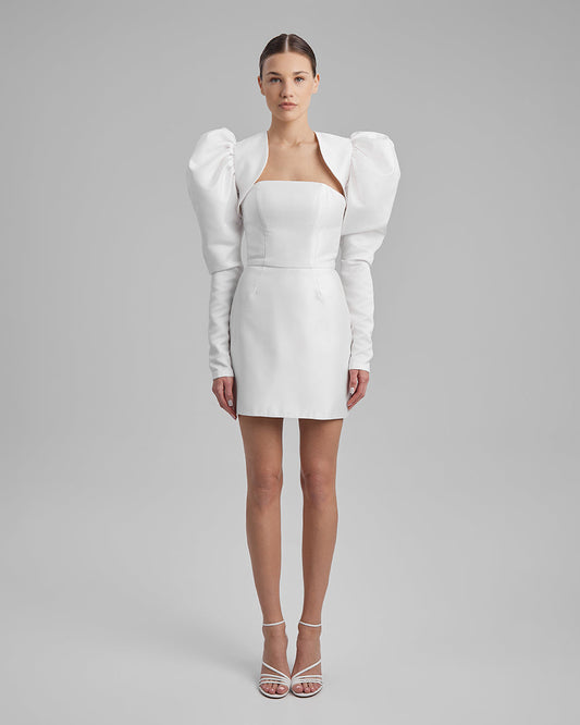 JOY DRESS + PUFFED SLEEVE BOLERO | strapless mini in white